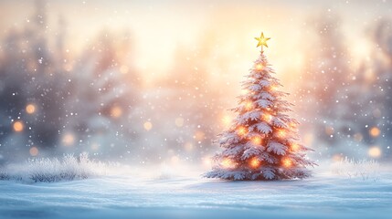 Naklejka premium A serene winter scene featuring a majestic Christmas tree covered in glistening snow, with a golden star shining brightly on top against a backdrop of a snowy landscape.
