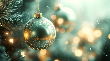 Shiny Christmas ornament hanging on a pine tree, adorned with soft snowflakes. Warm, blurred lights in the background create a cozy holiday atmosphere, highlighting the festive decoration.