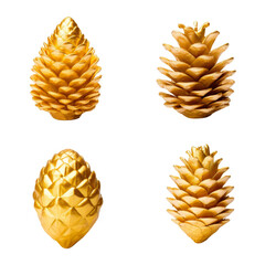 Golden cedar pine cones isolated on transparent background. New Year and Christmas events