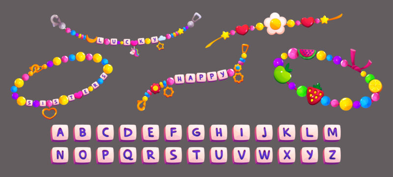 Friendship bead bracelet with cute charm isolated. Handmade necklace jewellery illustration. Plastic jewel accessories with letters set. Shiny alphabet design for silver and gold bijouterie cartoon