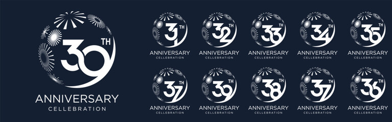 Obraz premium set of 30 to 39th anniversary logotype design, with white color fireworks for celebration event, wedding, and birthday, vector illustration