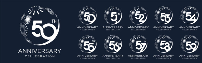 set of 50 to 59th anniversary logotype design, with white color fireworks for celebration event, wedding, and birthday, vector illustration