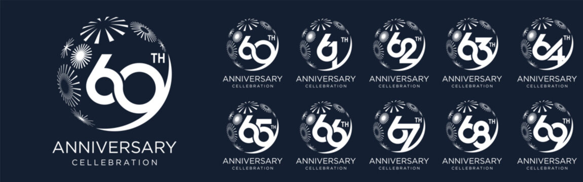 set of 60 to 69th anniversary logotype design, with white color fireworks for celebration event, wedding, and birthday, vector illustration