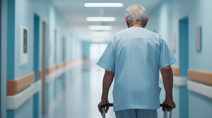 elderly man in light blue hospital gown walks down hospital corridor, using walker for support. serene environment conveys sense of care and healing.