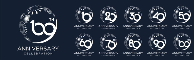 set of 10 to 100th anniversary logotype design, with white color fireworks for celebration event, wedding, and birthday, vector illustration