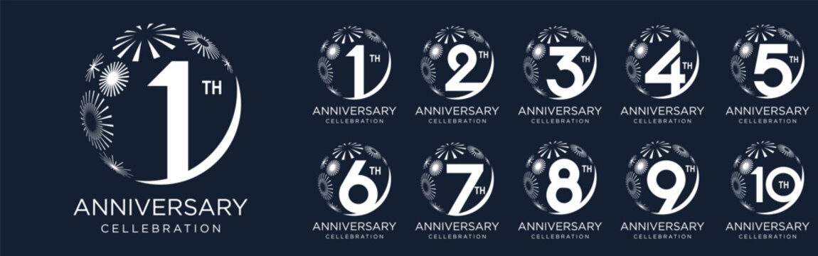 set of 1 to 10th anniversary logotype design, with white fireworks for celebration event, wedding, and birthday, vector illustration
