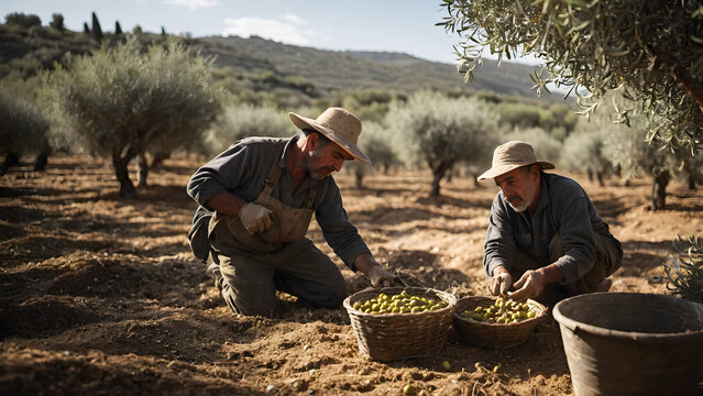 Jornalero durante la recolecci&oacute;n de la aceituna en los campos de olivos de Andaluc&iacute;a, Espa&ntilde;a. Oficio, trabajo, agricultura, campo