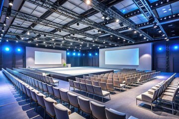 Fototapeta premium Modern Convention Hall Stage with Blank Screen Mockup