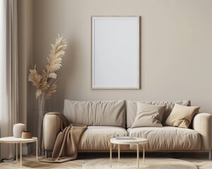 A minimalist living room interior with a beige sofa. two coffee tables. a blanket. a vase with dried plants. and a mockup frame