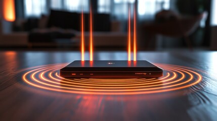 Modern Laptop with Radiating Circles on Wooden Surface
