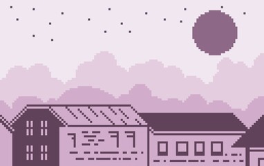 Pixel art view of a rooftop at night with shadows of houses, stars, clouds, moon and sky with purple color degradation. can be used for wallpaper, template card and background. Simple and cute card.