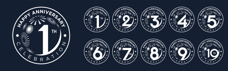 set of 1 to 10th anniversary logotype design, with white fireworks for celebration event, wedding, and birthday, vector illustration