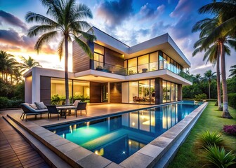 Fototapeta premium Modern Minimalist Cubic Villa with Palm Trees and Pool - Architectural Design Inspiration