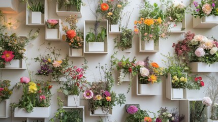Fototapeta premium A wall adorned with white wooden boxes filled with colorful flowers