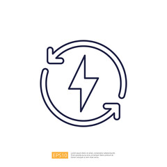 A simple graphic illustration of a circular arrow design with a lightning bolt in the center, symbolizing energy or power recycling.