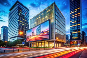 Fototapeta premium Modern Office Building Billboard Mockup - Long Exposure AI Art