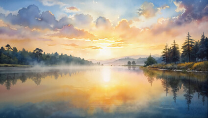 Fototapeta premium Peaceful lake at sunrise with reflections and colorful clouds
