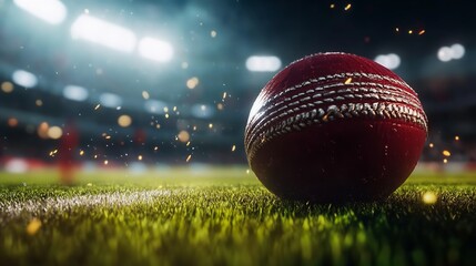 Close-up of a cricket ball lying on a grass field with blurred stadium lights in the background.