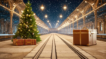 vintage train station adorned with Christmas tree and suitcases, creating festive atmosphere amidst falling snow. scene captures holiday spirit beautifully