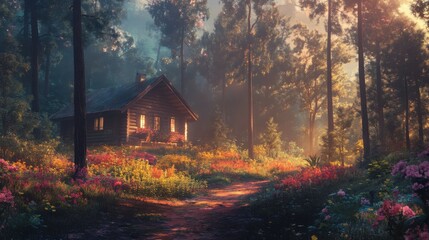 A wooden house tucked away under tall pines, featuring a colorful forest