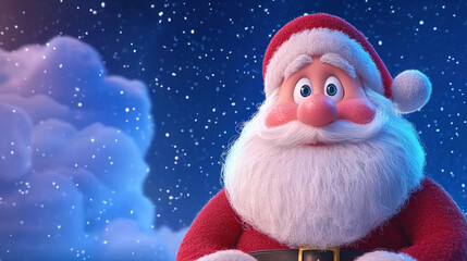cheerful Santa Claus with fluffy white beard and red hat smiles against snowy night sky, evoking magic of Christmas