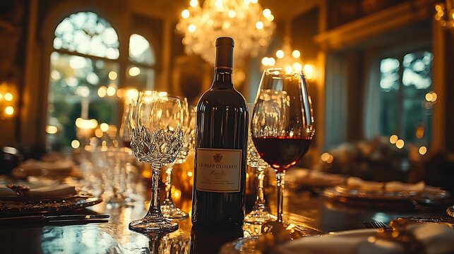 Wine bottles in upscale photos with fine crystal glassware