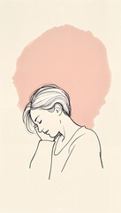 Contemplative woman in pastel style silhouette against pink background