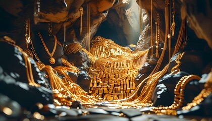 Lots of gold bars, necklaces and bracelets piled high at Treasure Cave.