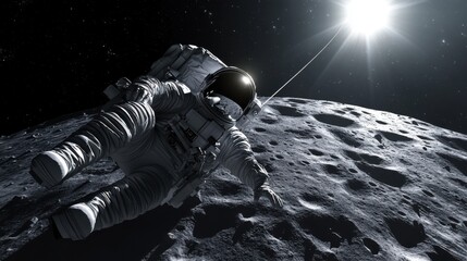 An astronaut floating above the Moon s surface, connected