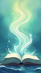 Enchanting illustration of an open book emitting waves and swirling water against a serene ocean backdrop