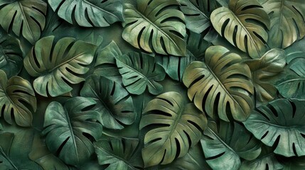 An elegant bas relief design featuring small, detailed Monstera leaves