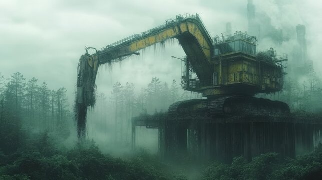 Overgrown Excavator in a Foggy Forest - Powered by Adobe