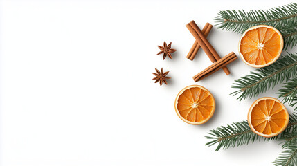 A holiday composition of fir branches, cinnamon sticks, and dried orange slices arranged on a white background