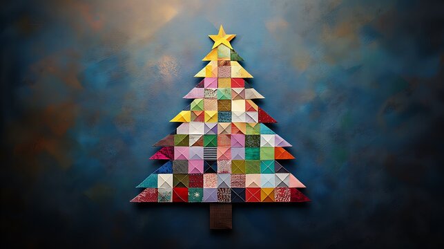 This stock photo features a closeup of a multicolored patchwork Christmas tree, with each patch carefully stitched together to form a vibrant and visually stunning holiday centerpiece
