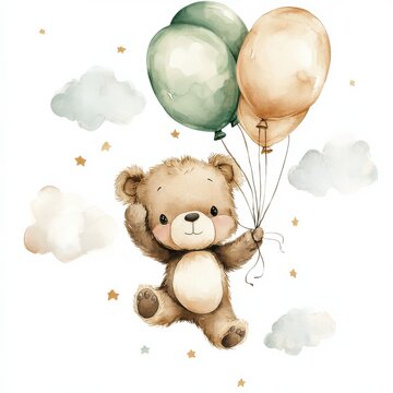 Naklejki A teddy bear is holding a balloon and flying through the sky