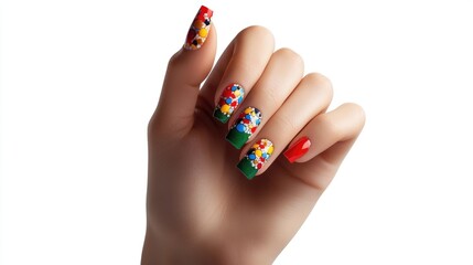 Fototapeta premium Female hand showcasing nail art against a white background
