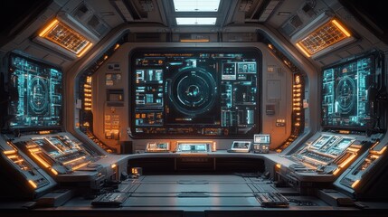 Obraz premium Futuristic control room with advanced screens and interfaces.