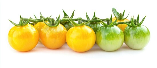 Bunch Of Ripe Yellow And Green Tomatoes With Green Leaf Isolated On White Background