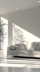 A bright and airy minimalist living room featuring a white sofa, potted plant, and natural light casting shadows on the wall.