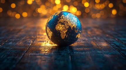 Illuminated Globe on Wooden Surface with Warm Lights