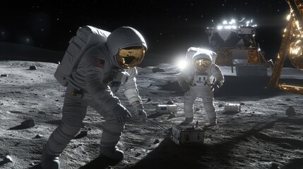 Astronauts working together on the Moon, setting up scientific equipment