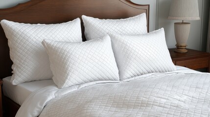 Cozy bedroom setup featuring fluffy white pillows on a neatly made bed, creating a serene and inviting atmosphere.