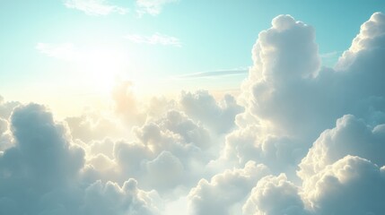 Gentle sunlight shines through fluffy clouds in the sky