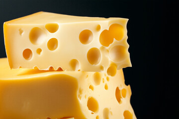 Closeup of a sliced yellow Swiss cheese with holes, on black background. Concept of dairy products