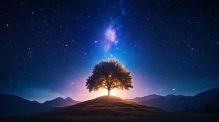 Majestic tree under a starry night sky