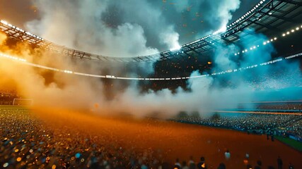 Evening stadium arena soccer field championship win. Confetti and tinsel . Yellow toning. Wide angle smoke in blue and yellow background Video - Powered by Adobe