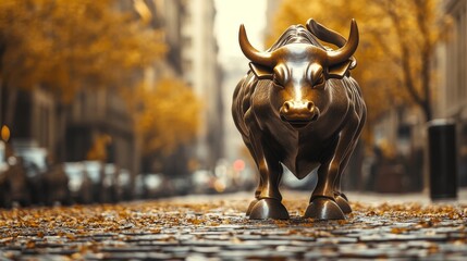 The Charging Bull Statue in Autumn in New York City