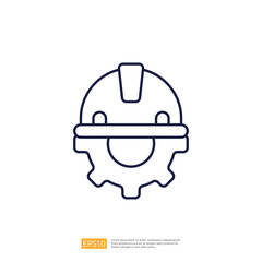 This image features a simple line drawing of a hard hat combined with a gear, symbolizing safety and engineering in industrial settings.