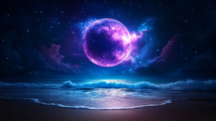 Ethereal cosmic ocean scene under a vibrant moon