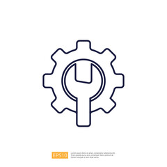 An outline illustration of a gear combined with a wrench, symbolizing tools, mechanics, and engineering concepts.